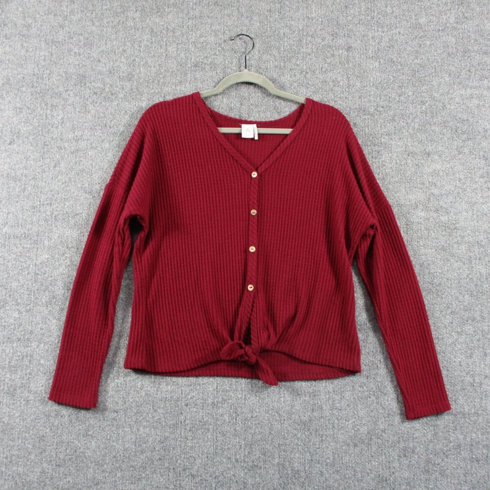 Paper Crane Shirt Women Small Red Waffle Knit Soft Anthropologie Button Up Bow